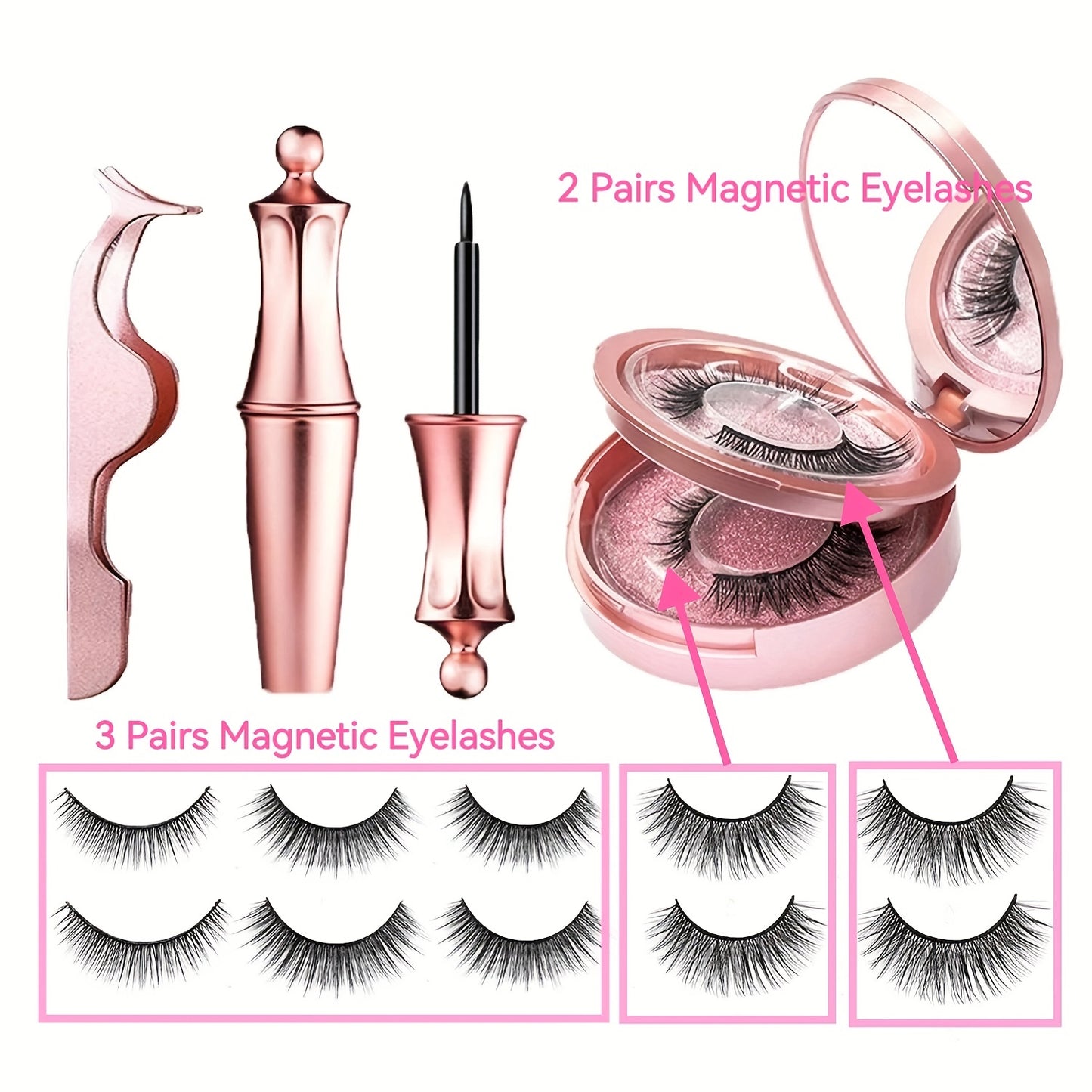 5 Pairs Magnetic Eyelashes And Eyeliner Kit Reusable 3D Magnetic False Lashes Extension No Glue Needed - Eyes Makeup Sets for Mother