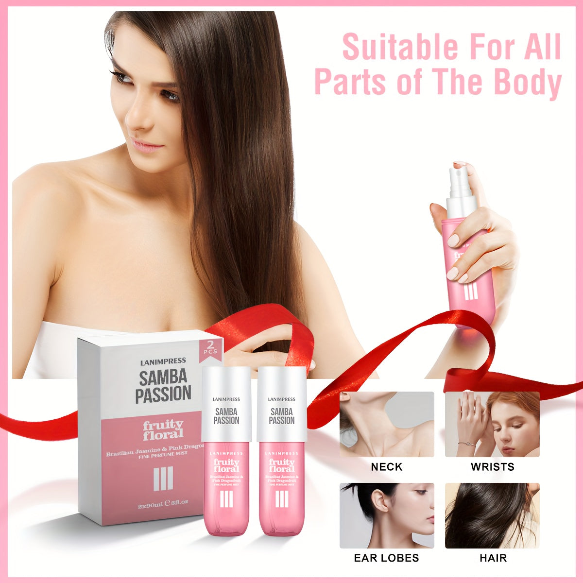 2 Pcs Set Brazilian Body&Hair Fragrance Mist, Enchanting Fruity Floral Body Spray, Long-Lasting, Eau De Parfum Body Spray For Women, Perfect Gifts For Romantic Dates, Luxurious Everyday & Travel Fragrance Party Play Travel Im
