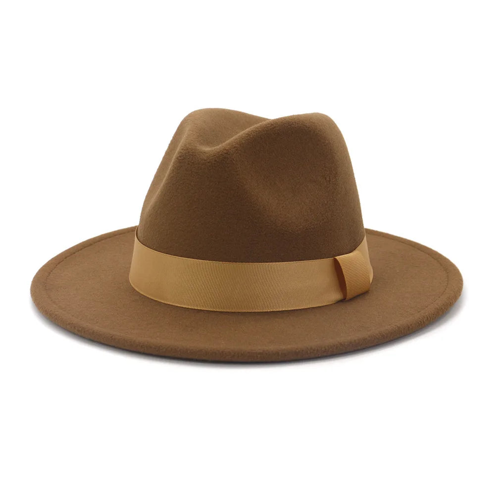 1pcs All-match Wide Brim Fedora Hat For Women Solid Color Wool Felt Hat For Men Autumn Winter Panama Gamble Yellow Jazz Cap 58cm
