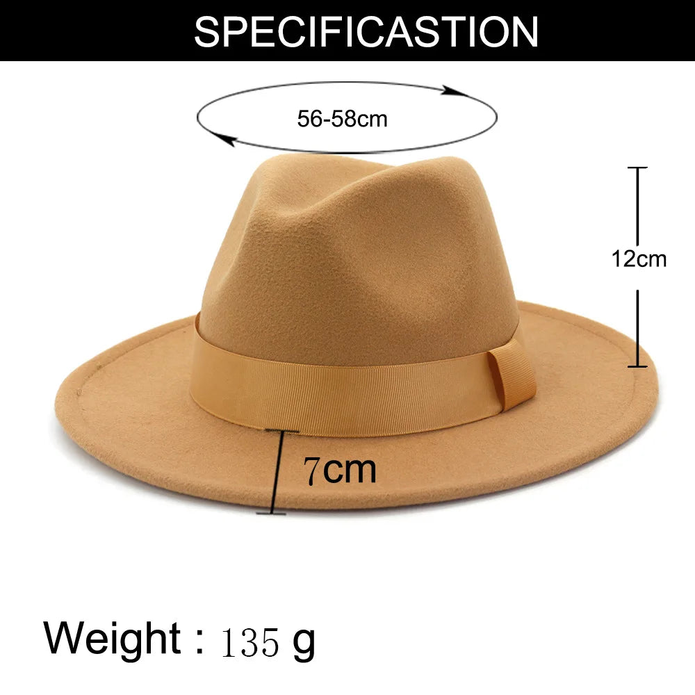1pcs All-match Wide Brim Fedora Hat For Women Solid Color Wool Felt Hat For Men Autumn Winter Panama Gamble Yellow Jazz Cap 58cm
