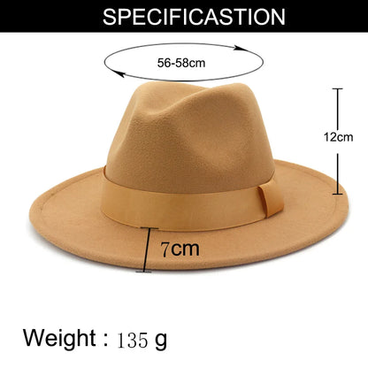 1pcs All-match Wide Brim Fedora Hat For Women Solid Color Wool Felt Hat For Men Autumn Winter Panama Gamble Yellow Jazz Cap 58cm