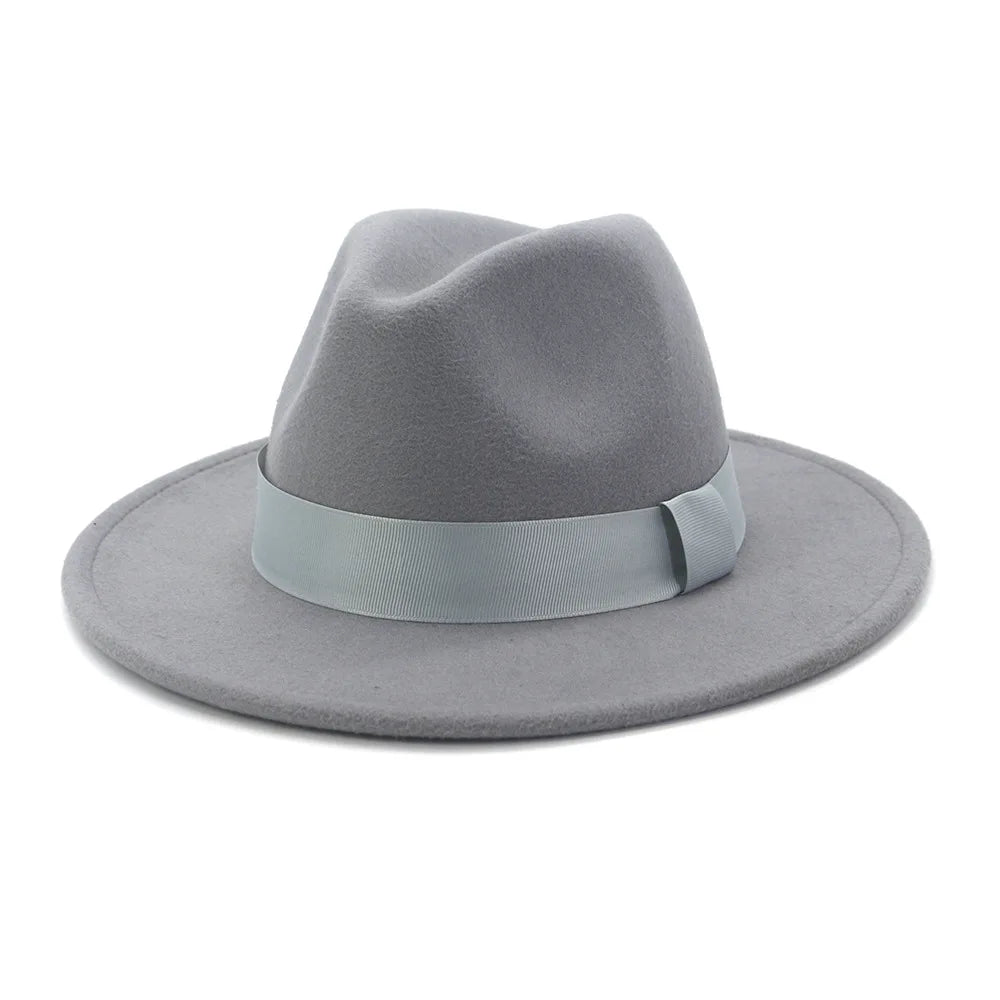 1pcs All-match Wide Brim Fedora Hat For Women Solid Color Wool Felt Hat For Men Autumn Winter Panama Gamble Yellow Jazz Cap 58cm