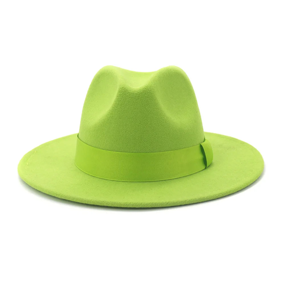 1pcs All-match Wide Brim Fedora Hat For Women Solid Color Wool Felt Hat For Men Autumn Winter Panama Gamble Yellow Jazz Cap 58cm