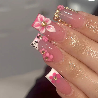 24pcs Pink Leopard Print Press on Nails Square False Nail Diamond Y2k Fake Nails French Polka Dots Nail 3D Flower Press on Nails