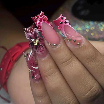 24pcs Pink Leopard Print Press on Nails Square False Nail Diamond Y2k Fake Nails French Polka Dots Nail 3D Flower Press on Nails