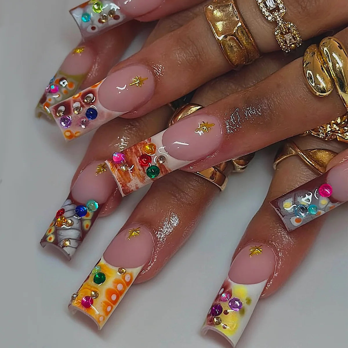 24pcs Pink Leopard Print Press on Nails Square False Nail Diamond Y2k Fake Nails French Polka Dots Nail 3D Flower Press on Nails