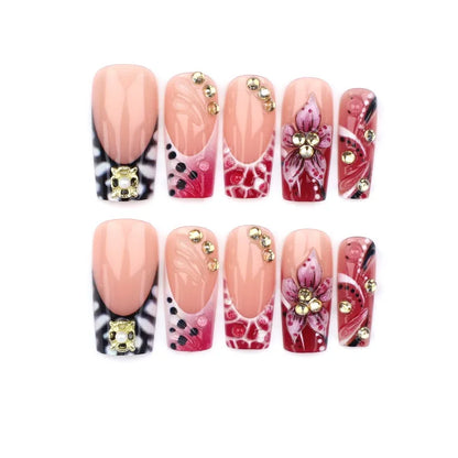 24pcs Pink Leopard Print Press on Nails Square False Nail Diamond Y2k Fake Nails French Polka Dots Nail 3D Flower Press on Nails