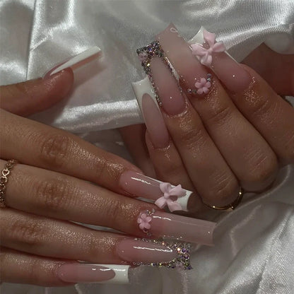 24pcs Pink Leopard Print Press on Nails Square False Nail Diamond Y2k Fake Nails French Polka Dots Nail 3D Flower Press on Nails