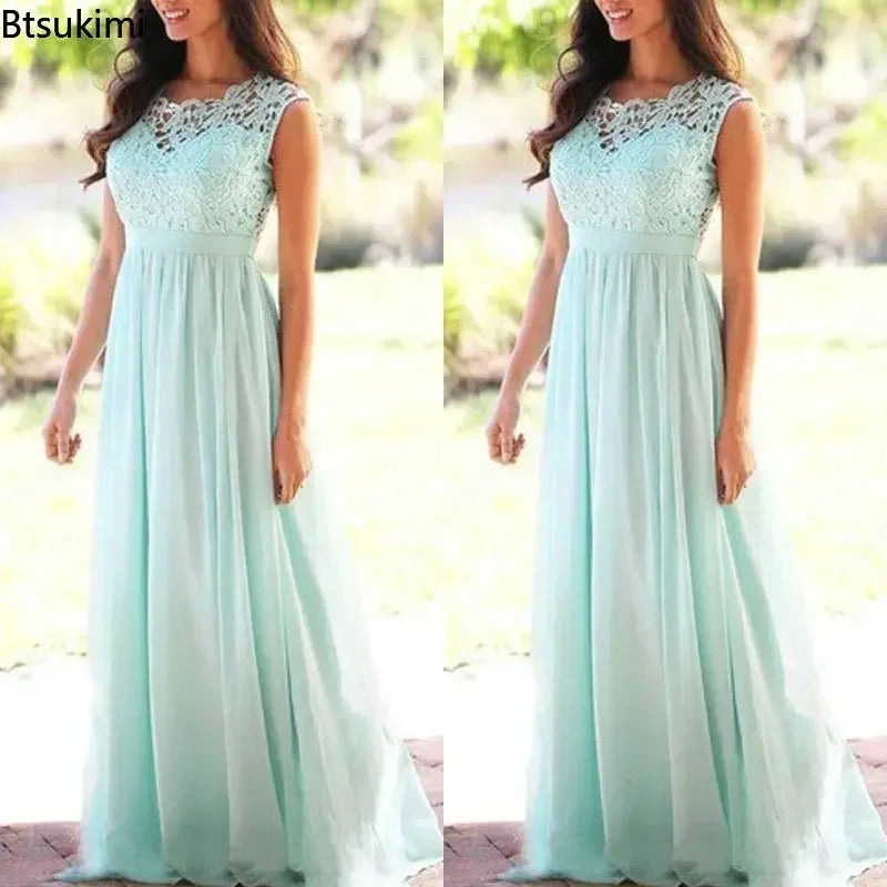 2026 Women Elegant Lace Patchwork Long Dress Female Solid Wedding Bridesmaid Party Maxi Dress Robe Femme Vestidos Dresses S-5XL