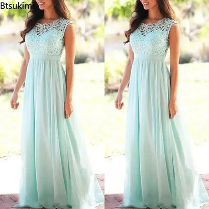 2026 Women Elegant Lace Patchwork Long Dress Female Solid Wedding Bridesmaid Party Maxi Dress Robe Femme Vestidos Dresses S-5XL