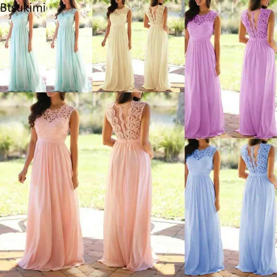 2026 Women Elegant Lace Patchwork Long Dress Female Solid Wedding Bridesmaid Party Maxi Dress Robe Femme Vestidos Dresses S-5XL