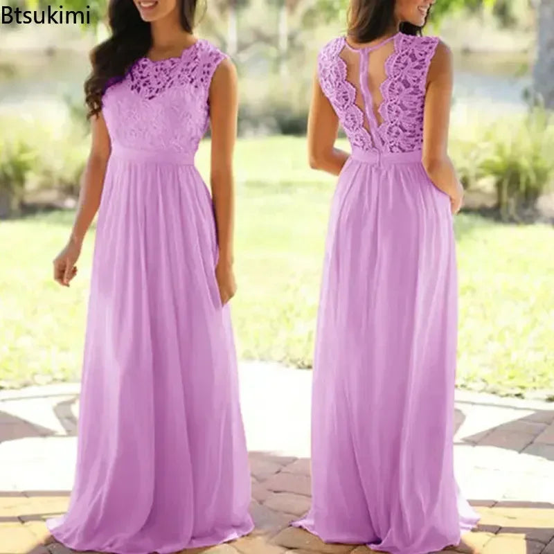 2026 Women Elegant Lace Patchwork Long Dress Female Solid Wedding Bridesmaid Party Maxi Dress Robe Femme Vestidos Dresses S-5XL