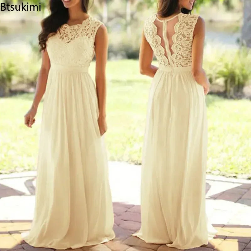 2026 Women Elegant Lace Patchwork Long Dress Female Solid Wedding Bridesmaid Party Maxi Dress Robe Femme Vestidos Dresses S-5XL