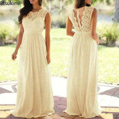 2026 Women Elegant Lace Patchwork Long Dress Female Solid Wedding Bridesmaid Party Maxi Dress Robe Femme Vestidos Dresses S-5XL