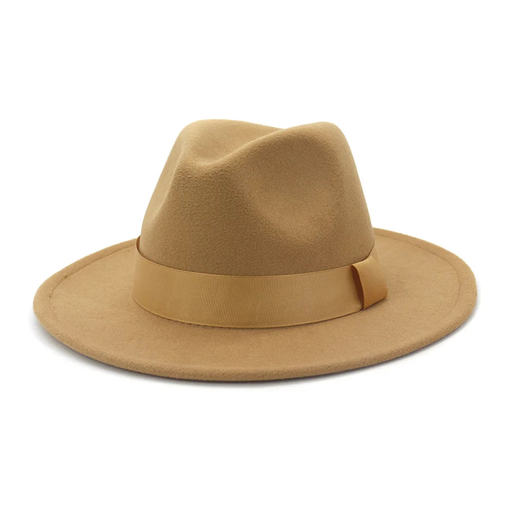 1pcs All-match Wide Brim Fedora Hat For Women Solid Color Wool Felt Hat For Men Autumn Winter Panama Gamble Yellow Jazz Cap 58cm