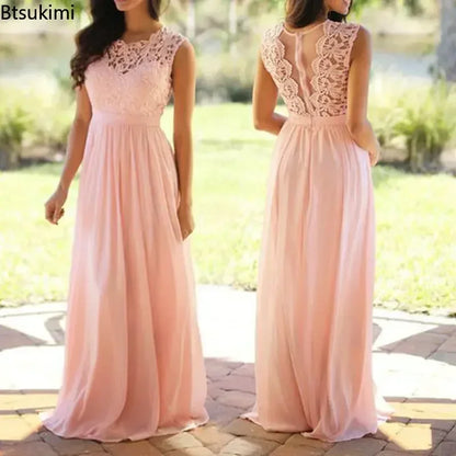 2026 Women Elegant Lace Patchwork Long Dress Female Solid Wedding Bridesmaid Party Maxi Dress Robe Femme Vestidos Dresses S-5XL