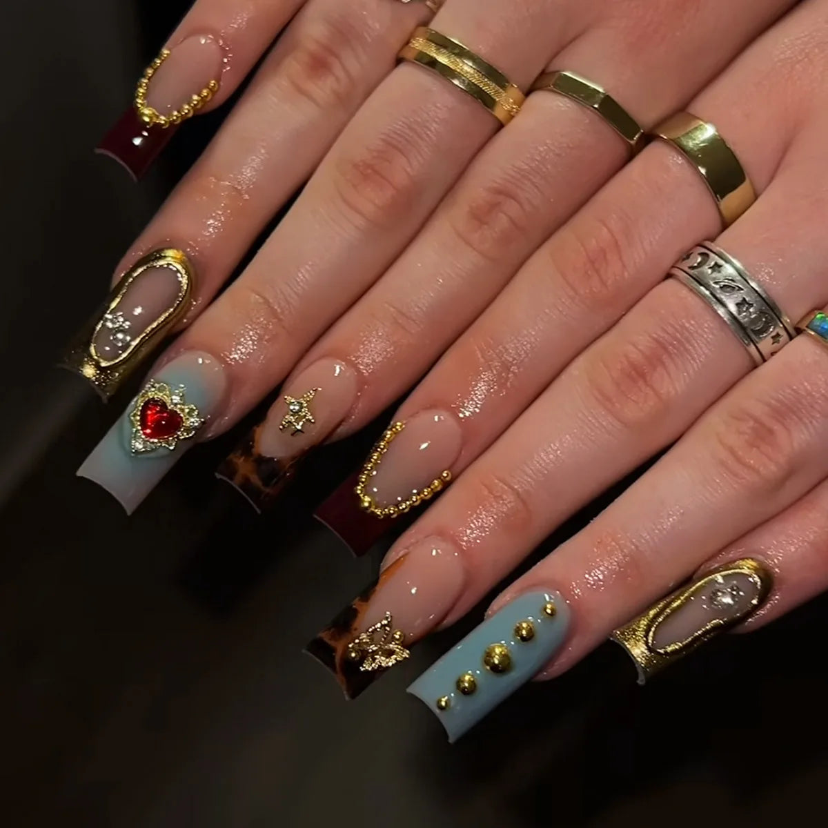 24pcs Pink Leopard Print Press on Nails Square False Nail Diamond Y2k Fake Nails French Polka Dots Nail 3D Flower Press on Nails