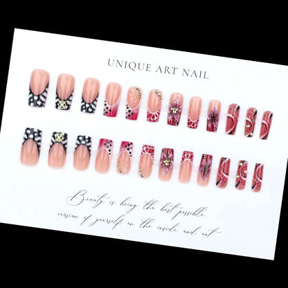 24pcs Pink Leopard Print Press on Nails Square False Nail Diamond Y2k Fake Nails French Polka Dots Nail 3D Flower Press on Nails