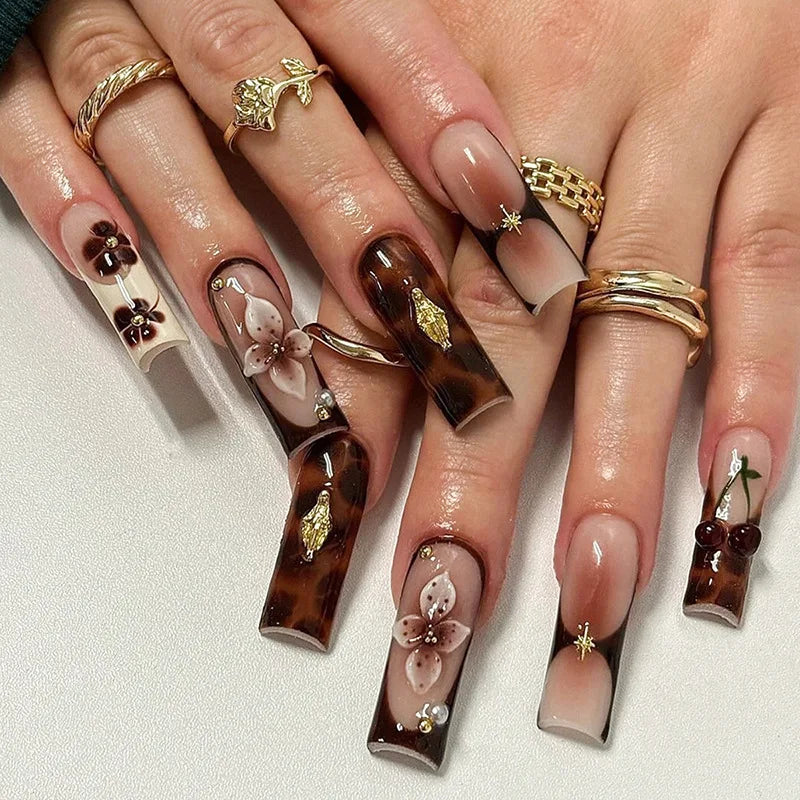 24pcs Pink Leopard Print Press on Nails Square False Nail Diamond Y2k Fake Nails French Polka Dots Nail 3D Flower Press on Nails