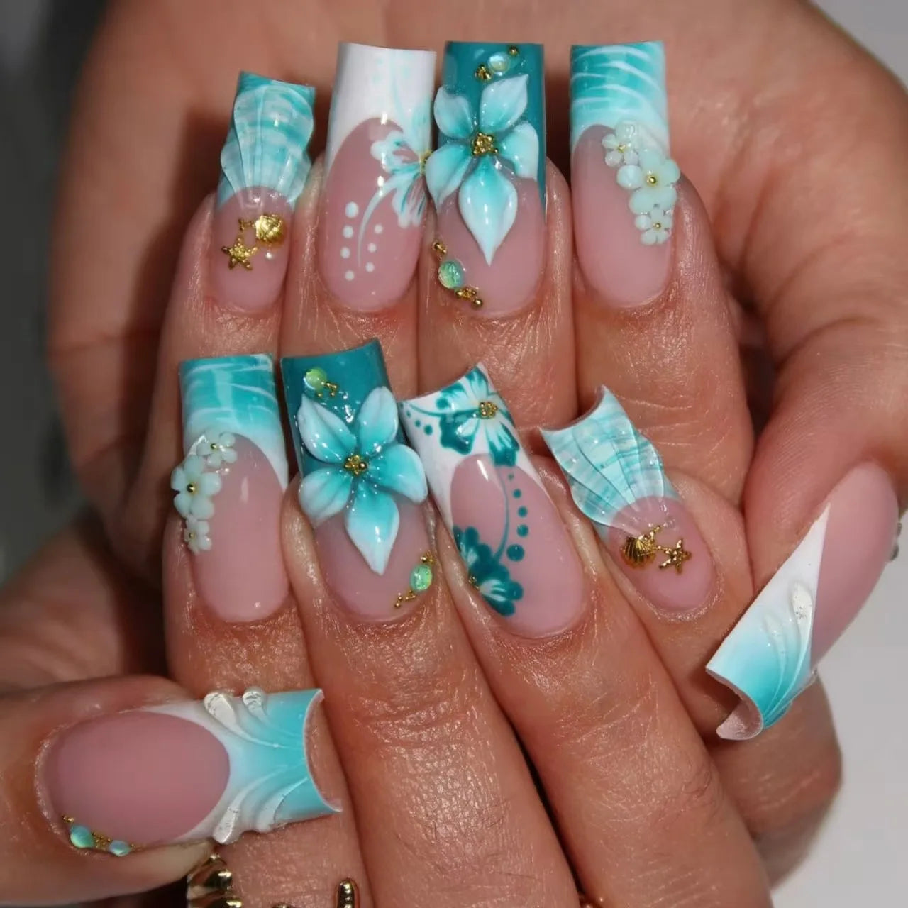 24pcs Pink Leopard Print Press on Nails Square False Nail Diamond Y2k Fake Nails French Polka Dots Nail 3D Flower Press on Nails