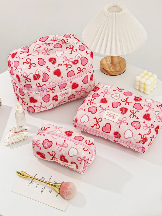 1Pc/Set Love&Bow Print Quilted Makeup Bag Cosmetic Bag Skincare Bag Multifunctional Bag Organizer With Zipper Closure For Women