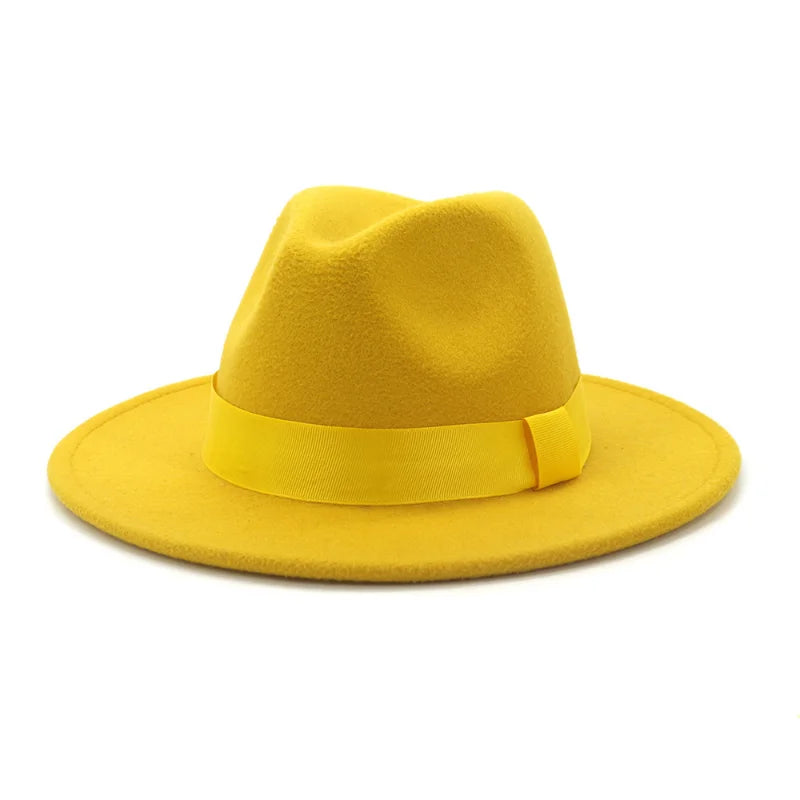 1pcs All-match Wide Brim Fedora Hat For Women Solid Color Wool Felt Hat For Men Autumn Winter Panama Gamble Yellow Jazz Cap 58cm