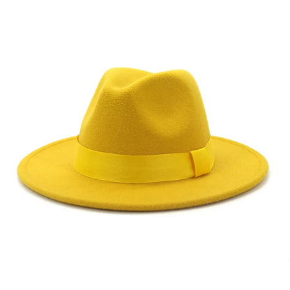 1pcs All-match Wide Brim Fedora Hat For Women Solid Color Wool Felt Hat For Men Autumn Winter Panama Gamble Yellow Jazz Cap 58cm