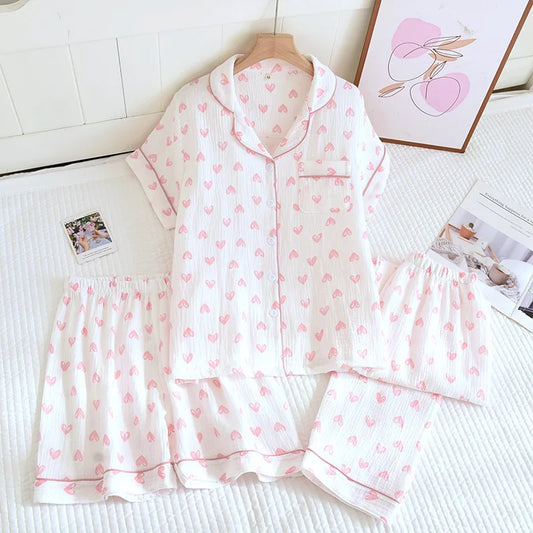 3 Pieces Pajama For Woman Nightwear Pyjama Set Nighty Loose Short Sleeve Sleepwear Cotton Summer Women's Suit Home Wear