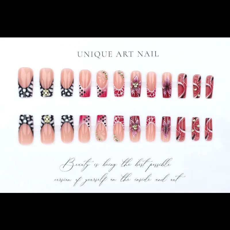 24pcs Pink Leopard Print Press on Nails Square False Nail Diamond Y2k Fake Nails French Polka Dots Nail 3D Flower Press on Nails