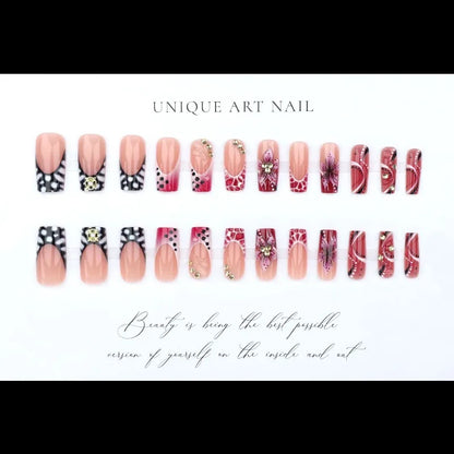 24pcs Pink Leopard Print Press on Nails Square False Nail Diamond Y2k Fake Nails French Polka Dots Nail 3D Flower Press on Nails